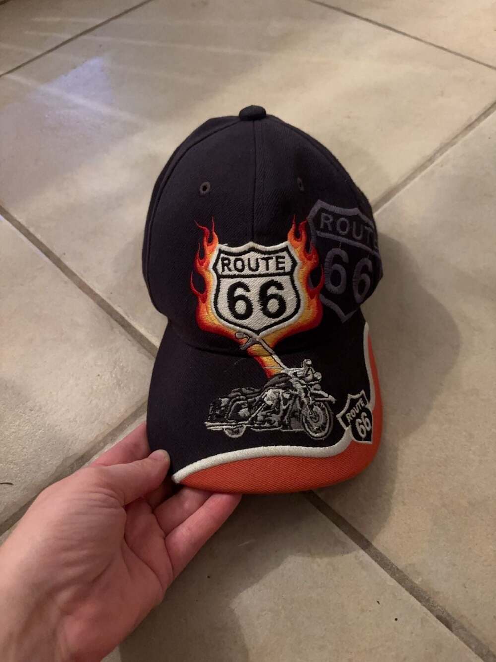 Route 66 Embroidered Motorcycle Flame Baseball Cap Hat Black Orange Adjustable